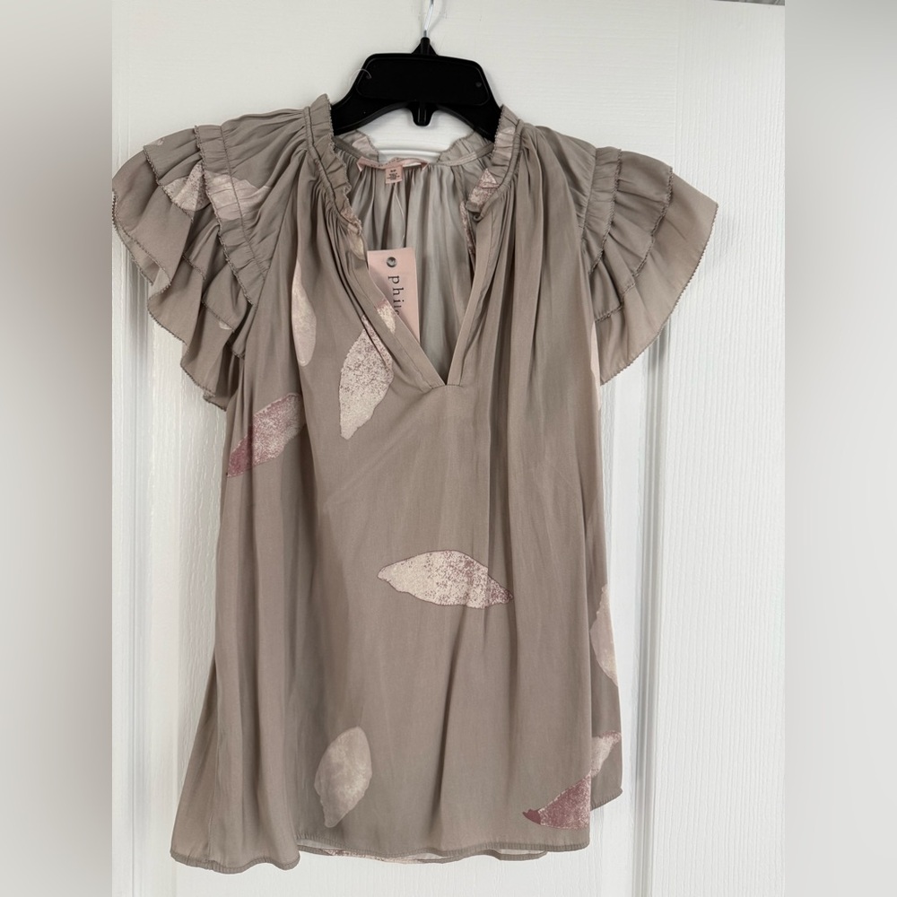 Philosophy Taupe and Pink Ruffled Blouse